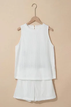 Sale Dear-Lover Textured Knit Tank Top and Drawstring Shorts Set Beige
