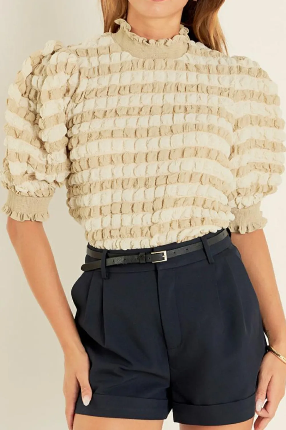 Best Dear-Lover Textured Mock Neck Short Sleeve Blouse Beige