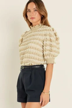 Best Dear-Lover Textured Mock Neck Short Sleeve Blouse Beige