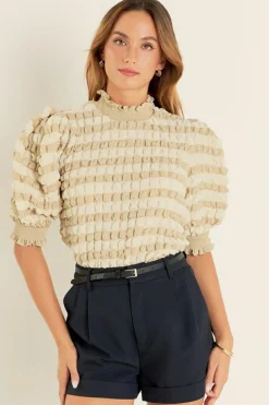 Best Dear-Lover Textured Mock Neck Short Sleeve Blouse Beige