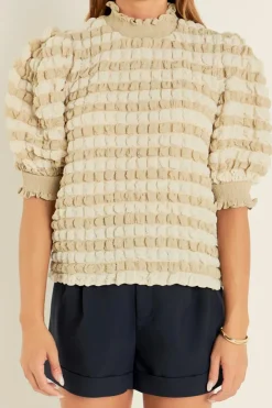 Best Dear-Lover Textured Mock Neck Short Sleeve Blouse Beige
