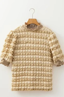 Best Dear-Lover Textured Mock Neck Short Sleeve Blouse Beige
