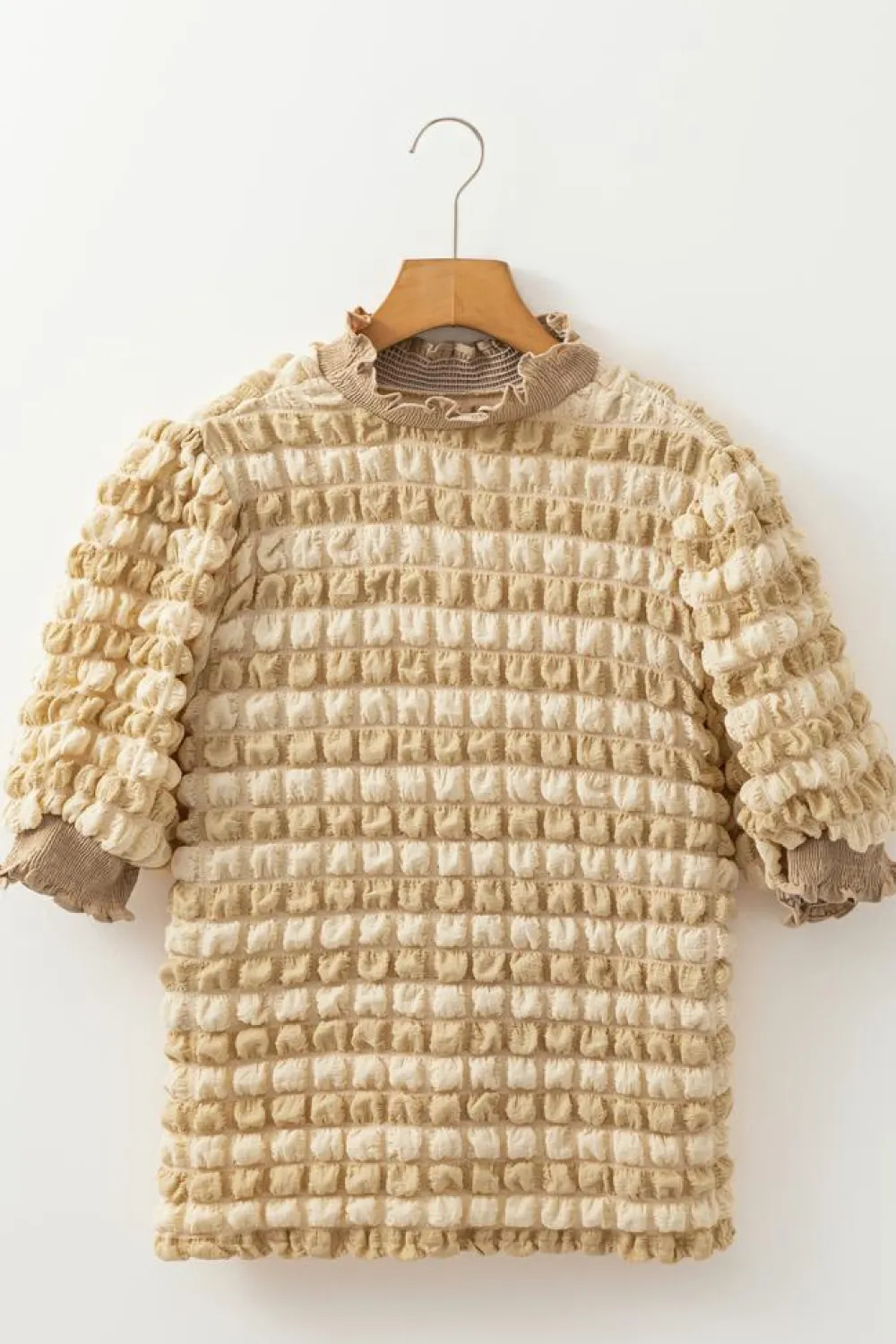 Best Dear-Lover Textured Mock Neck Short Sleeve Blouse Beige