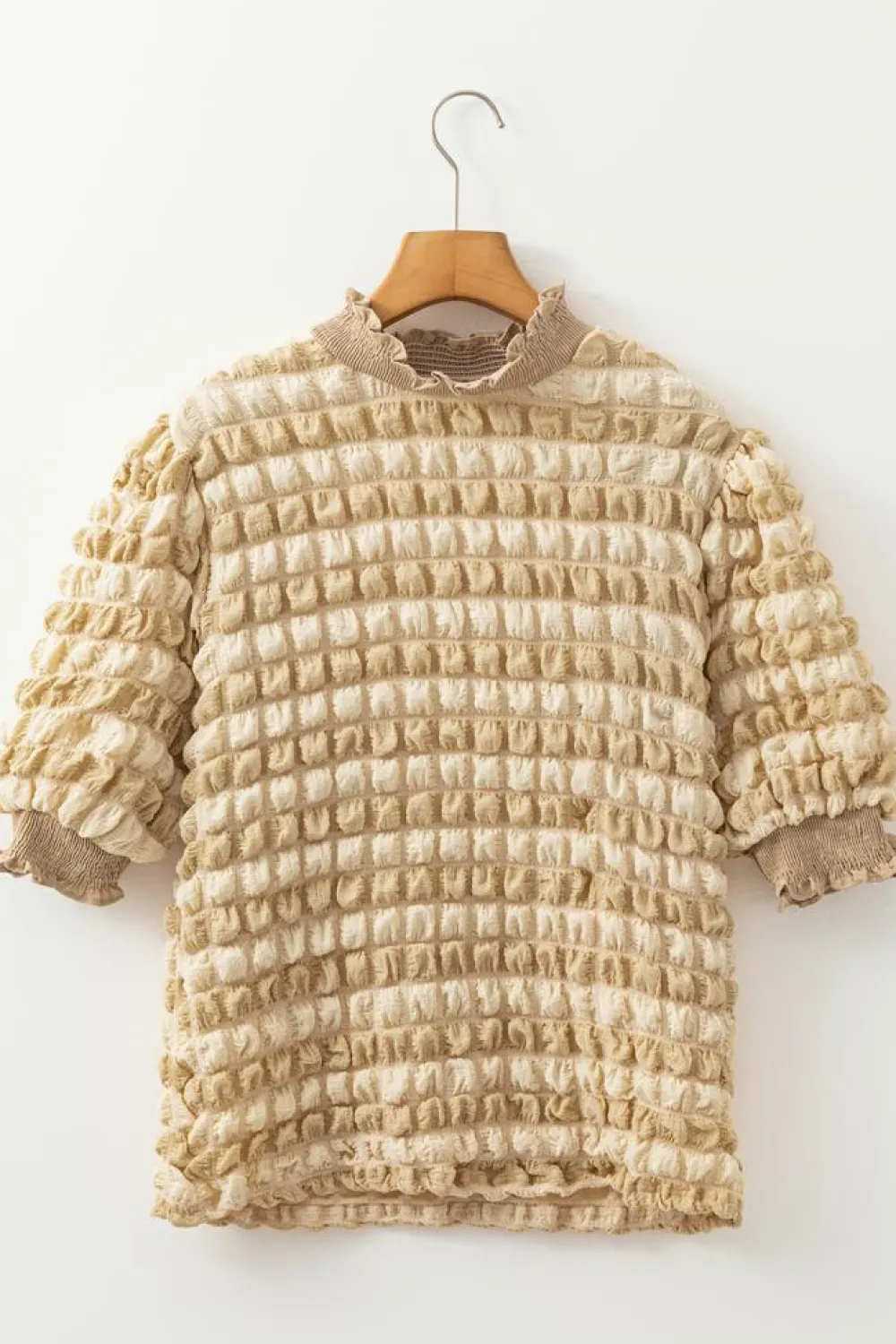 Best Dear-Lover Textured Mock Neck Short Sleeve Blouse Beige