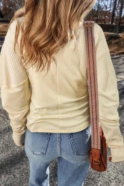Online Dear-Lover Thermal Knit Patchwork Exposed Seam Long Sleeve Top Beige