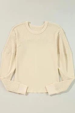Online Dear-Lover Thermal Knit Patchwork Exposed Seam Long Sleeve Top Beige