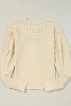 Online Dear-Lover Thermal Knit Patchwork Exposed Seam Long Sleeve Top Beige