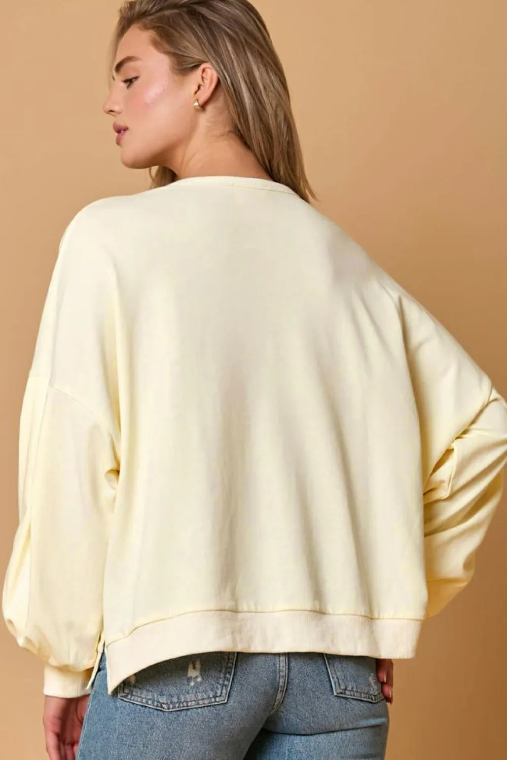 New Dear-Lover Tinsel Flower Dropped Puff Sleeve Sweatshirt Beige