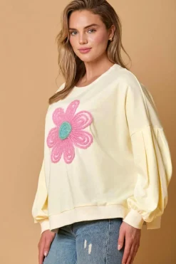 New Dear-Lover Tinsel Flower Dropped Puff Sleeve Sweatshirt Beige