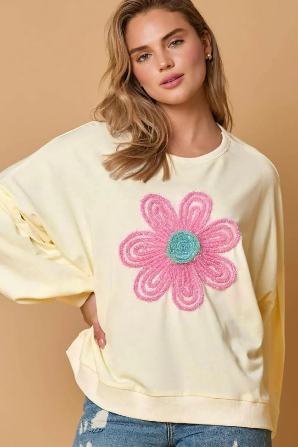 New Dear-Lover Tinsel Flower Dropped Puff Sleeve Sweatshirt Beige