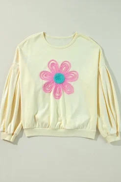 New Dear-Lover Tinsel Flower Dropped Puff Sleeve Sweatshirt Beige
