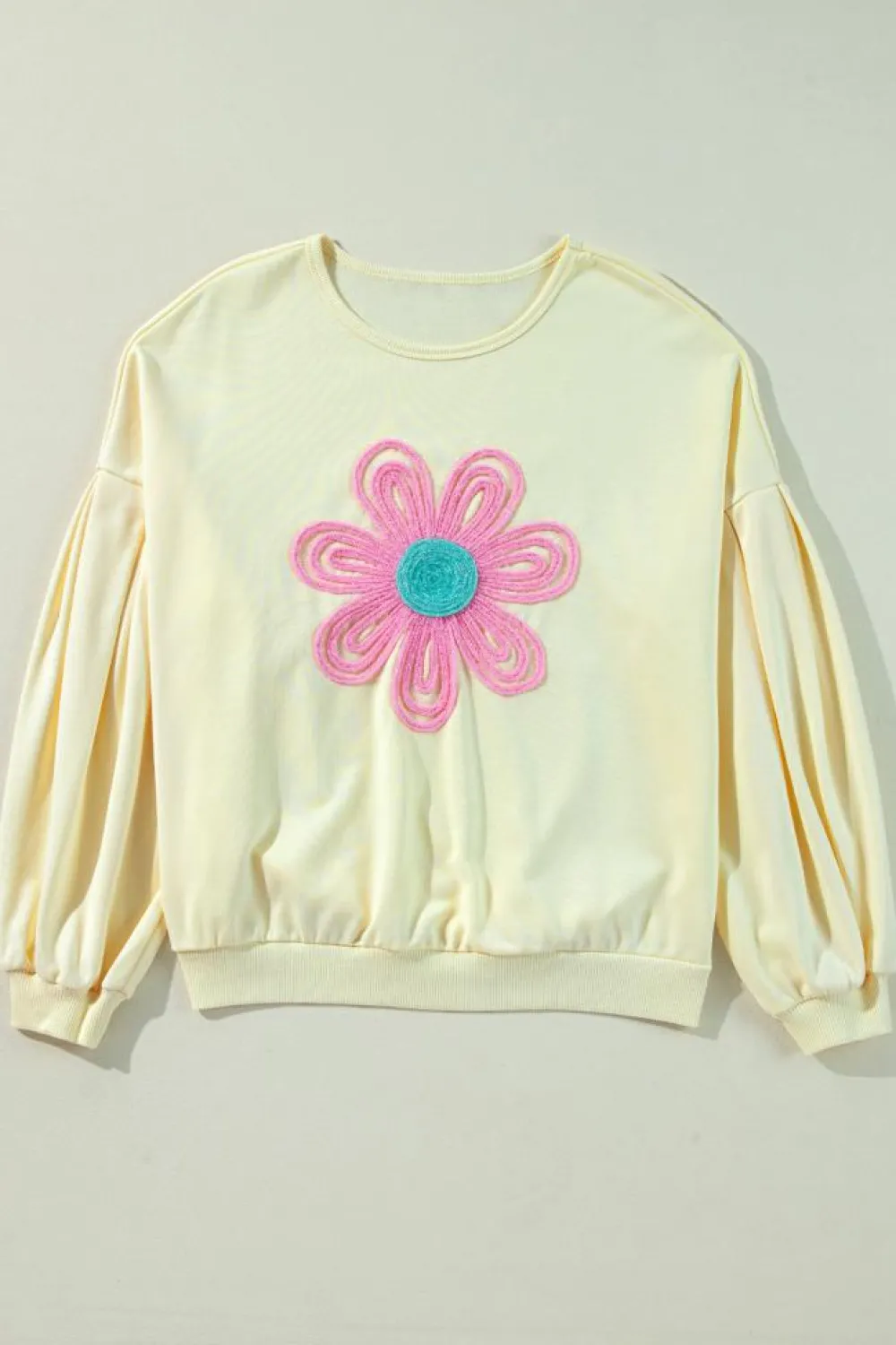 New Dear-Lover Tinsel Flower Dropped Puff Sleeve Sweatshirt Beige