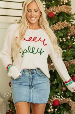 Hot Dear-Lover Tinsel Holly Jolly Graphic Classic Sweater Beige