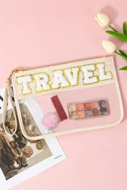 Online Dear-Lover TRAVEL Chenille Embroidered Clear PVC Storage Bag Beige