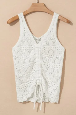 Hot Dear-Lover Trendy Hollowed Knit V Neck Drawstring Sweater Vest Beige