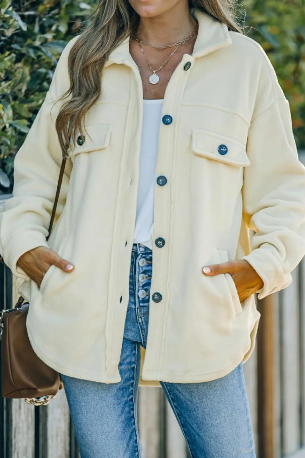 Clearance Dear-Lover Turn Down Collar Buttoned Shirt Jacket Beige