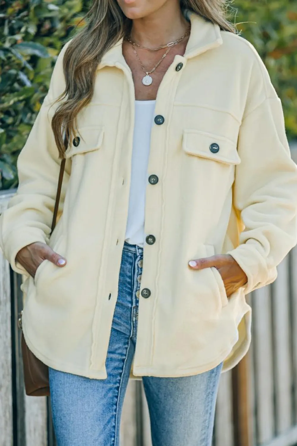 Clearance Dear-Lover Turn Down Collar Buttoned Shirt Jacket Beige