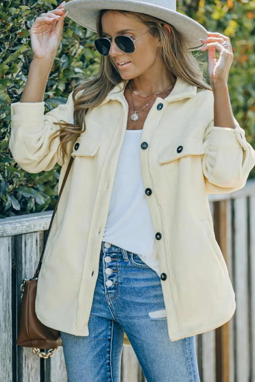 Clearance Dear-Lover Turn Down Collar Buttoned Shirt Jacket Beige