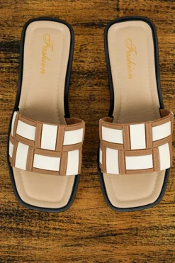Sale Dear-Lover Two Tone Contrast PU Leather Square Toe Slippers Beige