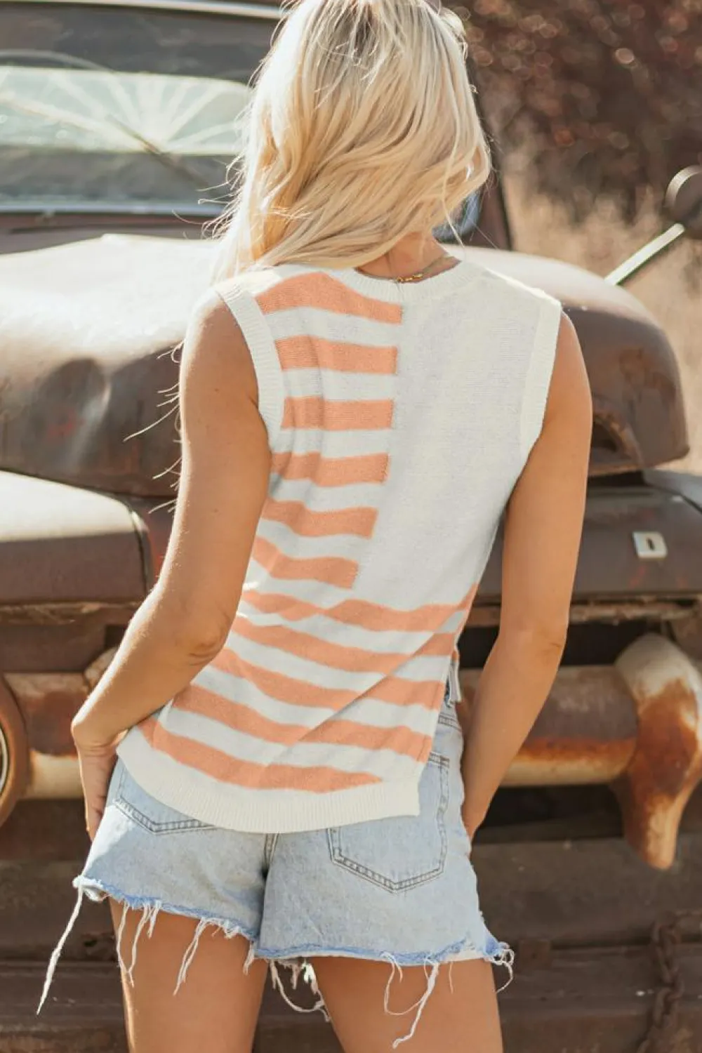 Fashion Dear-Lover USA Flag Notched Neckline Loose Sweater Vest Beige