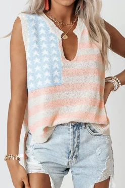 Fashion Dear-Lover USA Flag Notched Neckline Loose Sweater Vest Beige