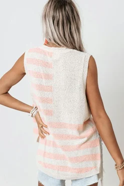 Fashion Dear-Lover USA Flag Notched Neckline Loose Sweater Vest Beige