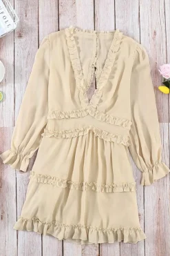 Sale Dear-Lover V Neck Ruffle Detailing Open Back Dress Beige