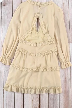 Sale Dear-Lover V Neck Ruffle Detailing Open Back Dress Beige