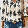 New Dear-Lover Vintage Geometric Printed 3/4 Sleeve V Neck Blouse Beige