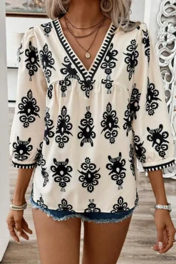 New Dear-Lover Vintage Geometric Printed 3/4 Sleeve V Neck Blouse Beige