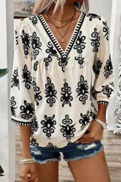 New Dear-Lover Vintage Geometric Printed 3/4 Sleeve V Neck Blouse Beige
