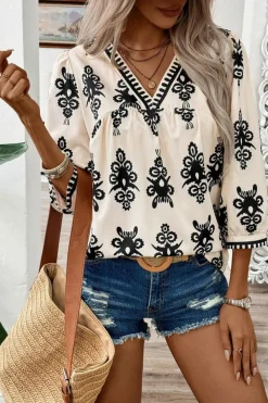 New Dear-Lover Vintage Geometric Printed 3/4 Sleeve V Neck Blouse Beige