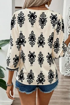 New Dear-Lover Vintage Geometric Printed 3/4 Sleeve V Neck Blouse Beige