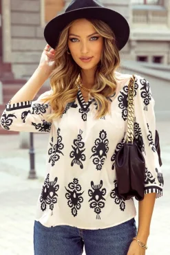 New Dear-Lover Vintage Geometric Printed 3/4 Sleeve V Neck Blouse Beige