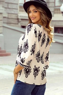 New Dear-Lover Vintage Geometric Printed 3/4 Sleeve V Neck Blouse Beige