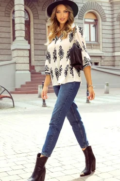 New Dear-Lover Vintage Geometric Printed 3/4 Sleeve V Neck Blouse Beige