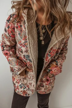 Discount Dear-Lover Vintage Paisley Floral Printed Sherpa Lined Hooded Jacket Beige