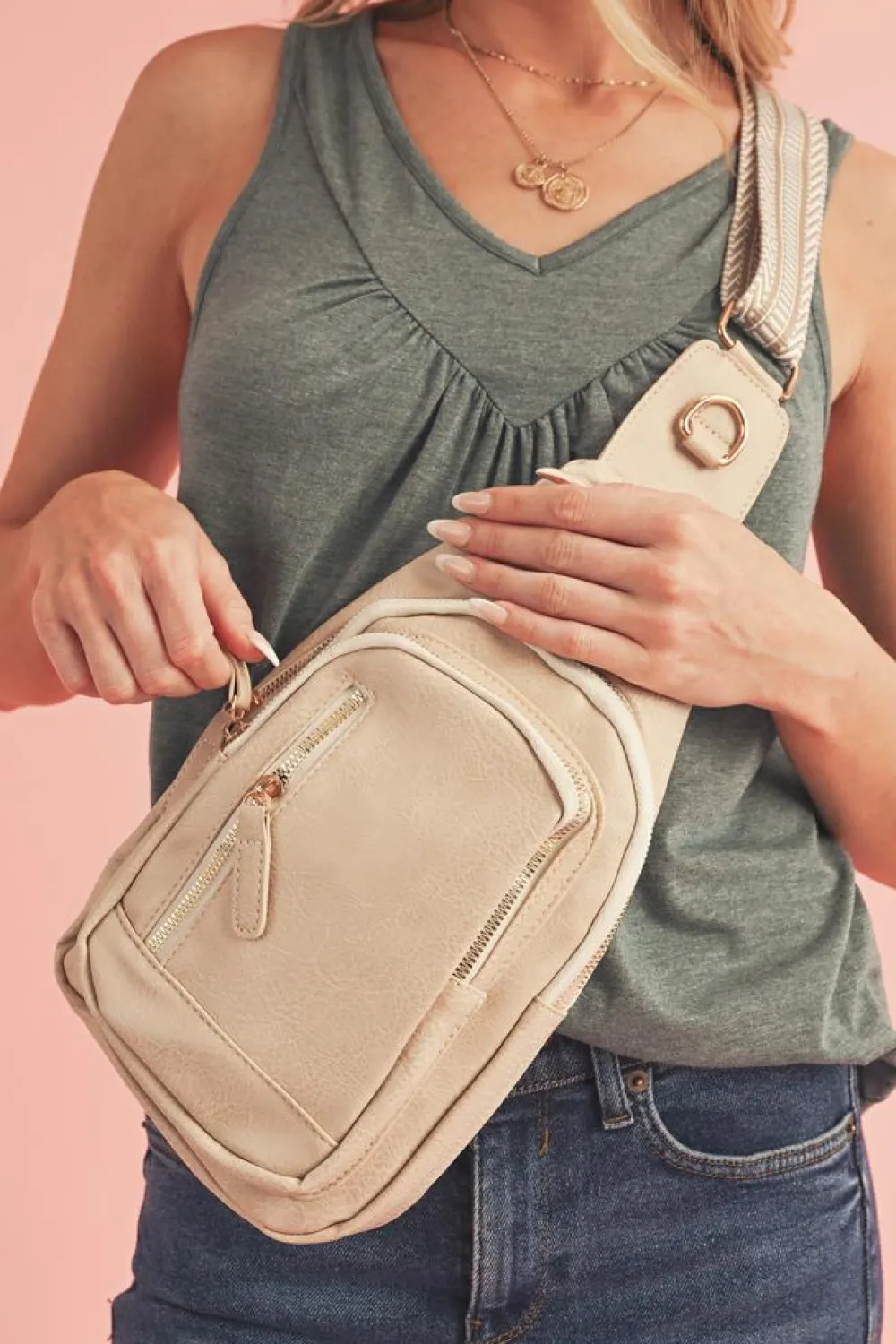 Fashion Dear-Lover Vintage PU Leather Zipped Crossbody Bag Beige