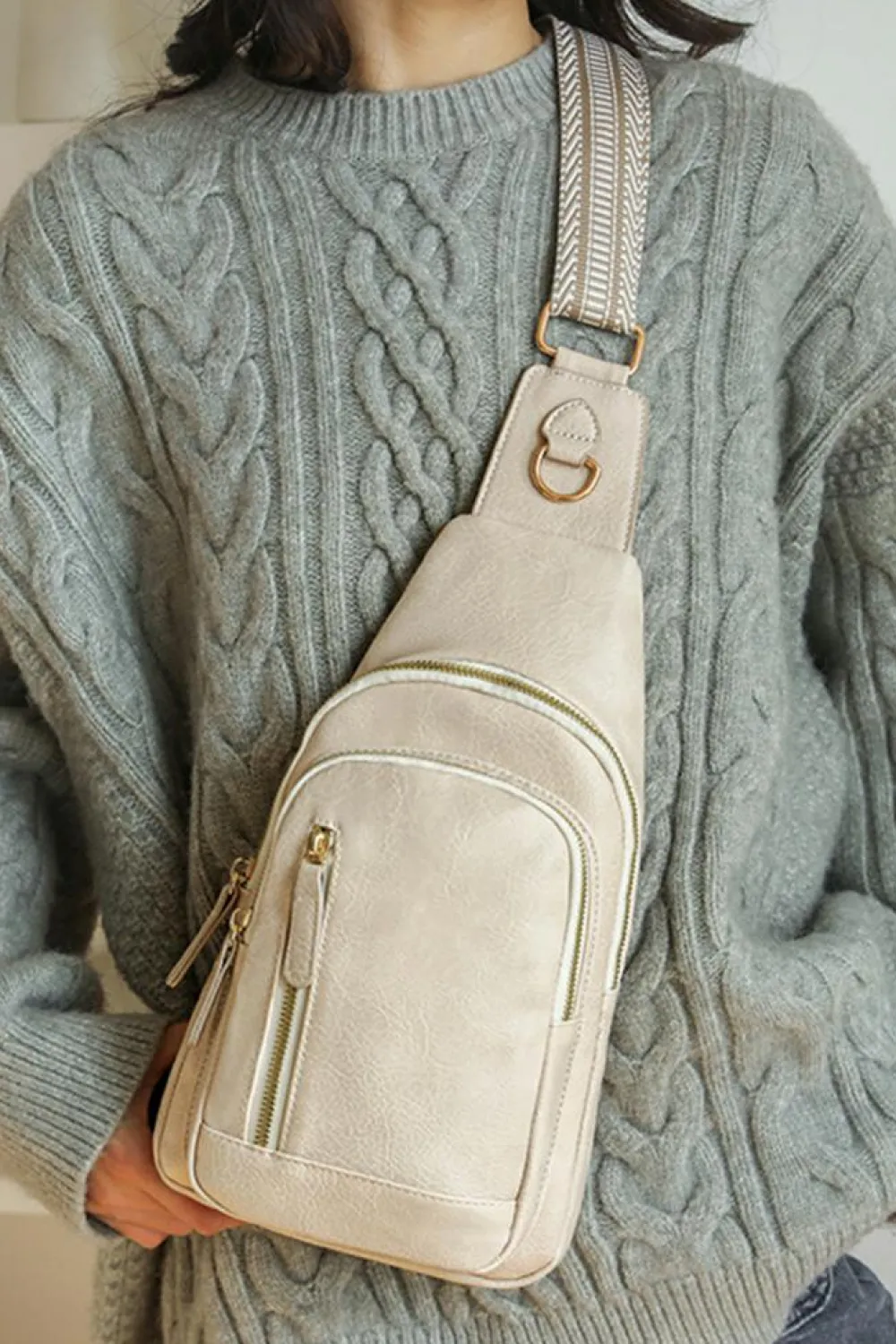 Fashion Dear-Lover Vintage PU Leather Zipped Crossbody Bag Beige