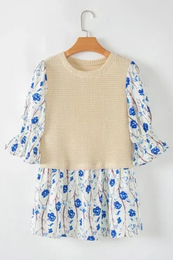 Online Dear-Lover Waffle Floral Patchwork Short Flounce Sleeve Peplum Blouse Beige
