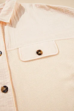Clearance Dear-Lover Waffle Splicing Short Batwing Sleeve Flap Detail Shirt Beige