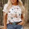 Hot Dear-Lover Western Cactus Print Crew Neck Short Sleeve Top Beige