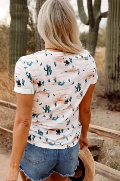 Hot Dear-Lover Western Cactus Print Crew Neck Short Sleeve Top Beige
