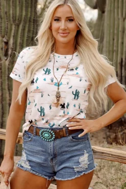 Hot Dear-Lover Western Cactus Print Crew Neck Short Sleeve Top Beige