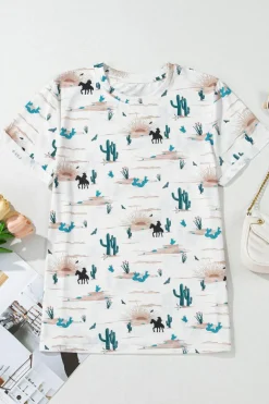 Hot Dear-Lover Western Cactus Print Crew Neck Short Sleeve Top Beige