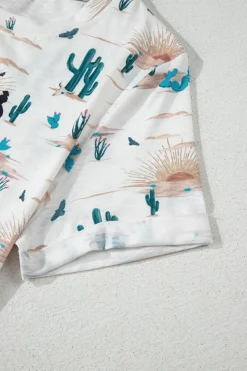 Hot Dear-Lover Western Cactus Print Crew Neck Short Sleeve Top Beige