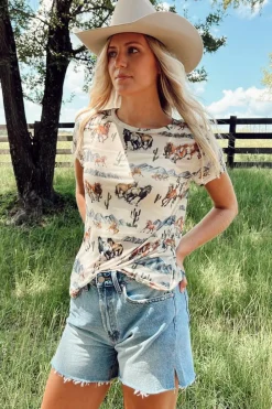 Outlet Dear-Lover Western Fashion Mustang River Printed Mesh T Shirt Beige
