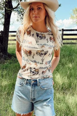 Outlet Dear-Lover Western Fashion Mustang River Printed Mesh T Shirt Beige