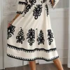 Fashion Dear-Lover Western Geometric Print 3/4 Sleeve Loose Midi Dress Beige