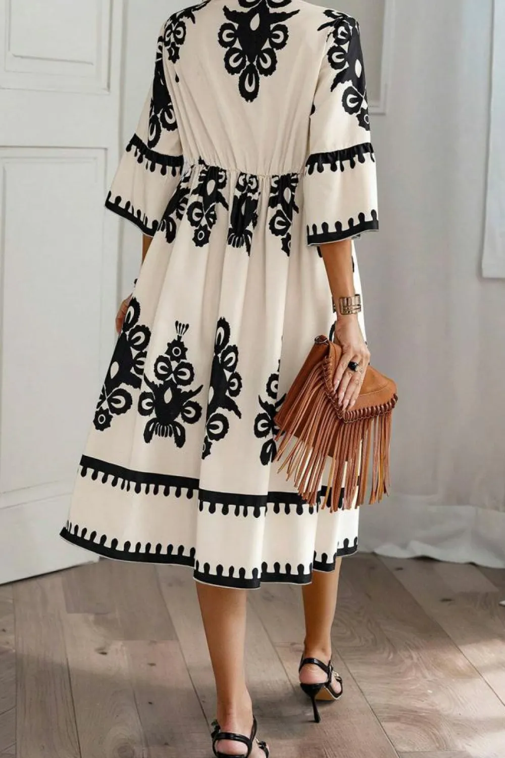 Fashion Dear-Lover Western Geometric Print 3/4 Sleeve Loose Midi Dress Beige